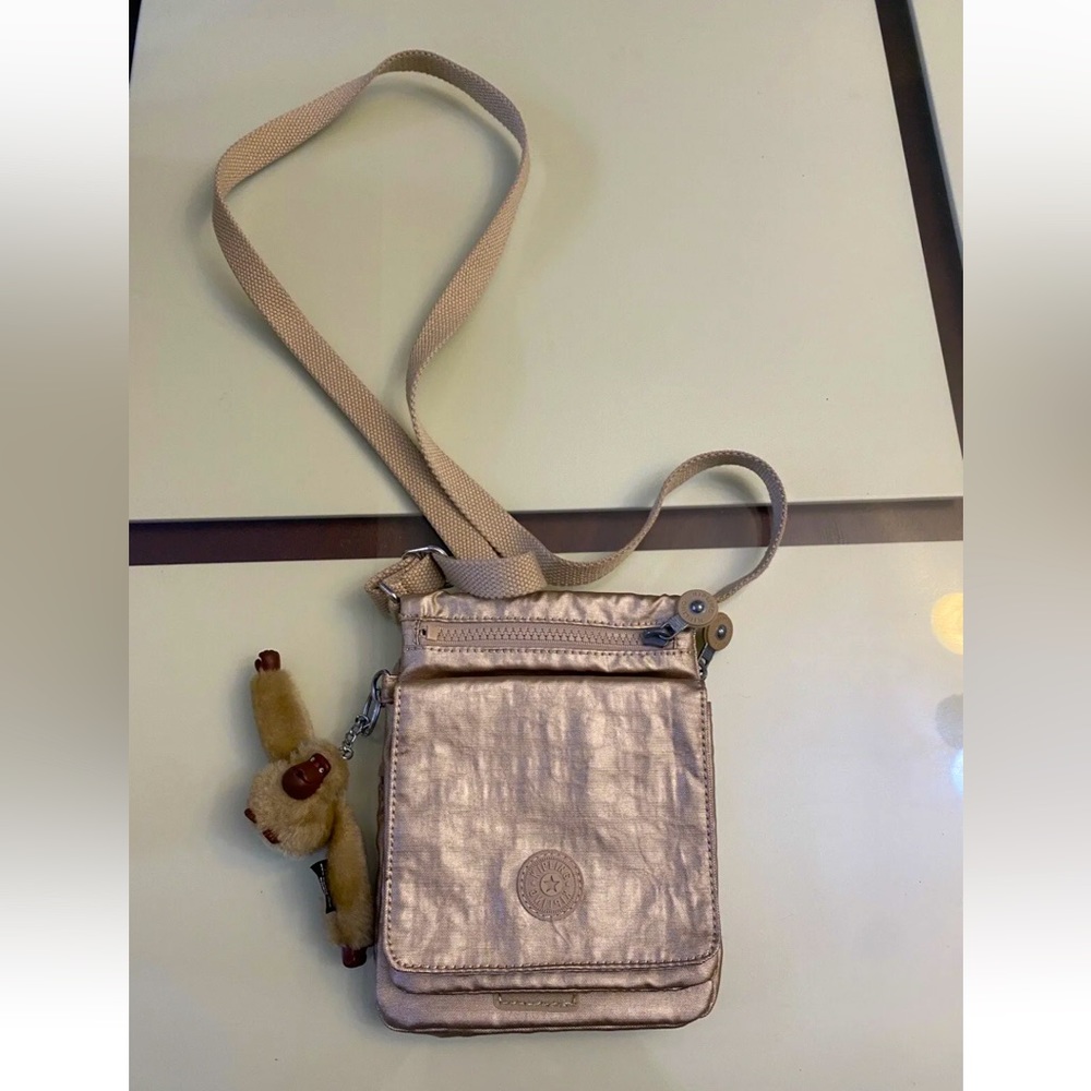 Kipling Small Mini Beige Gold Nylon Shoulder Crossbody Bag Purse Monkey Charm